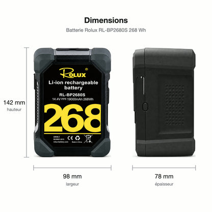 Dimensions de la batterie Rolux RL-BP2680S 268 Wh : 142 mm de haut, 98 mm de large et 78 mm d'épaisseur