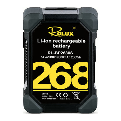 Batterie V-Mount Rolux RL-BP2680S de face, étiquette 268 Wh, 14,4 V et 19000 mAh, angles renforcés