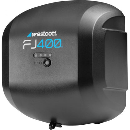 Batterie Westcott FJ400 AC/DC noire vue de face, logo FJ400, témoins de charge et bouton Check