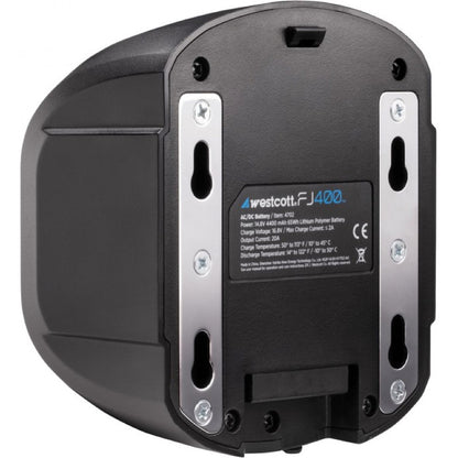 Arrière de la batterie Westcott FJ400 AC/DC, rails métalliques et étiquette 14,8 V 4400 mAh 65 Wh
