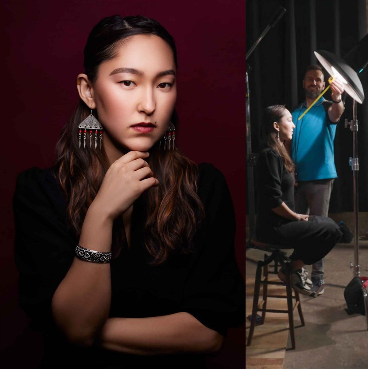 Portrait studio sur fond bordeaux éclairé au bol beauté Elinchrom Softlite, photographe réglant le bol au-dessus du modèle