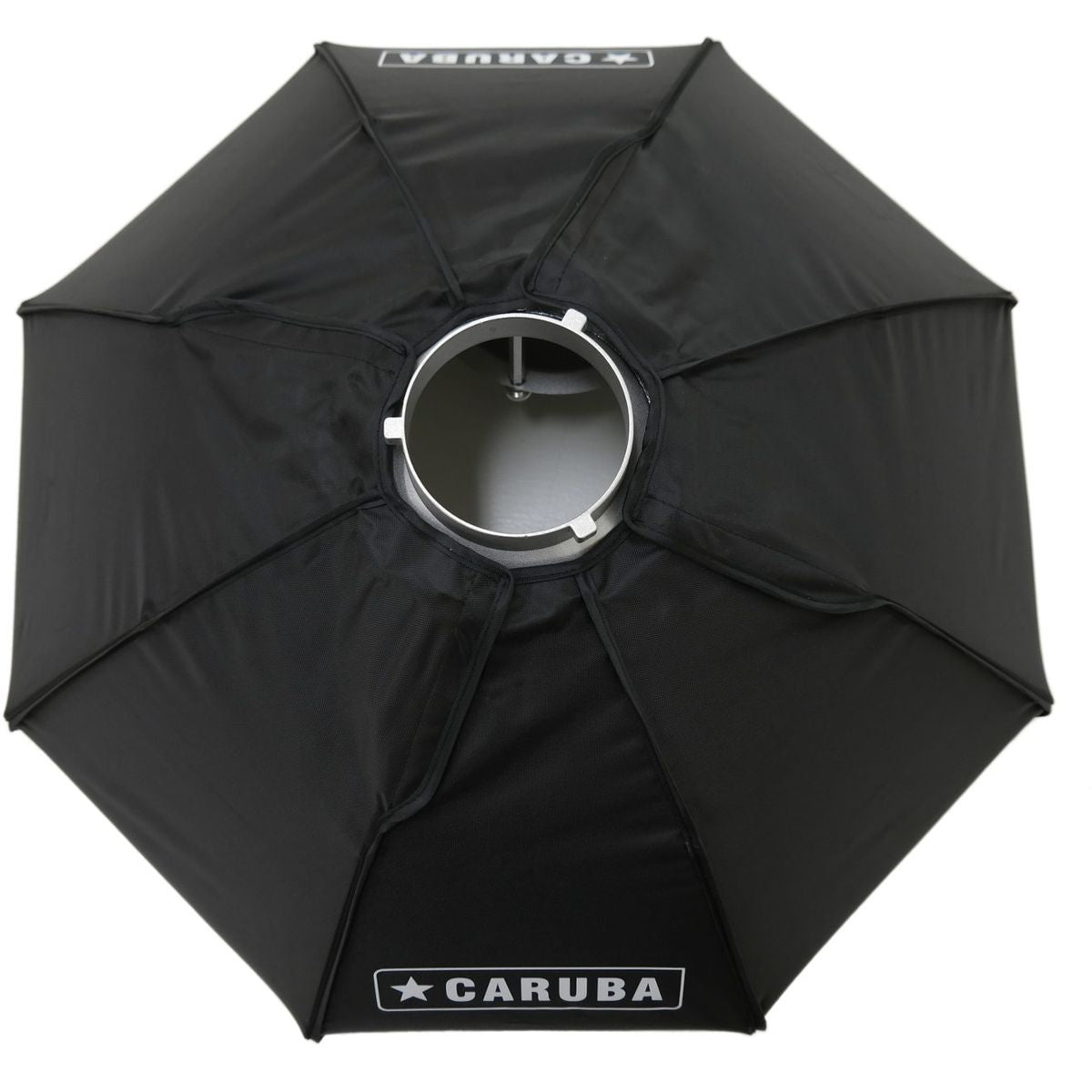 Arrière du bol beauté pliable Caruba 80 cm, tissu noir à logos Caruba et bague de monture au centre