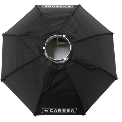 Arrière du bol beauté pliable Caruba 80 cm, tissu noir à logos Caruba et bague de monture au centre