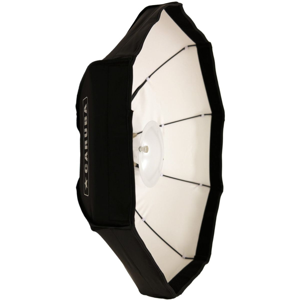 Bol beauté pliable Caruba blanc 80 cm vu de trois quarts, intérieur blanc à baleines et logo Caruba sur le flanc