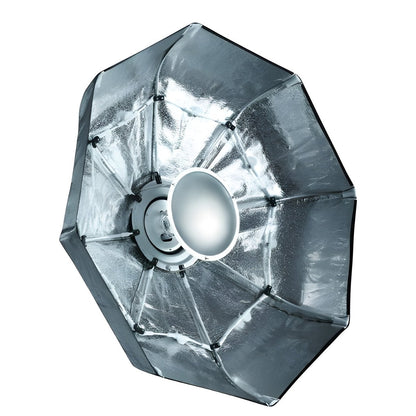 Bol beauté pliable Falcon Eyes FESR vu de trois quarts, intérieur argenté à huit pans et réflecteur central