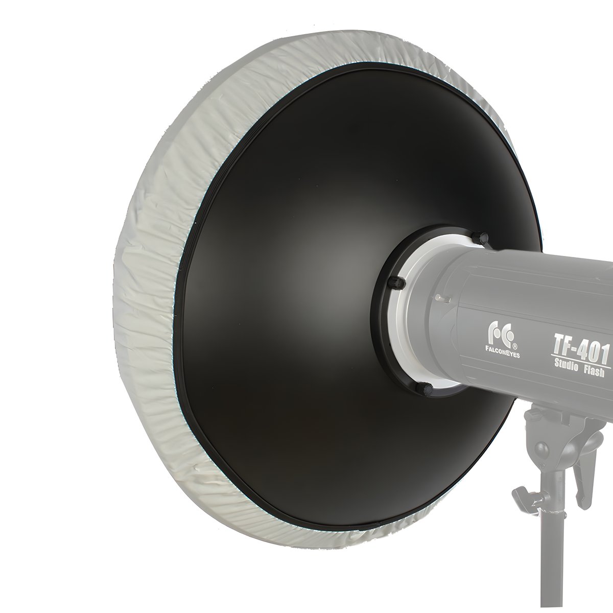 Bol beauté SK-BD monté sur un flash de studio Falcon Eyes, dos noir et diffuseur en place
