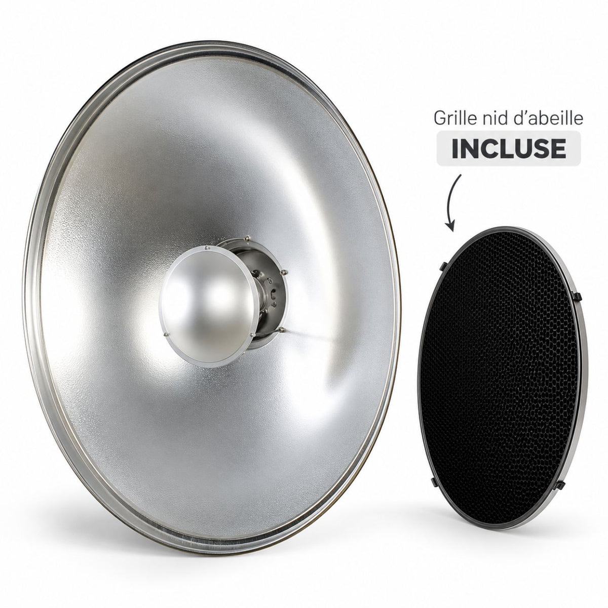Bol beauté StudioKing SK-BD argent de 55 cm et sa grille nid d'abeille, vus de face 