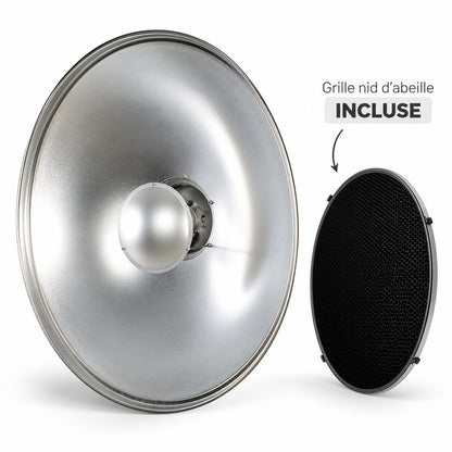 Bol beauté StudioKing SK-BD argent de 55 cm et sa grille nid d'abeille, vus de face 