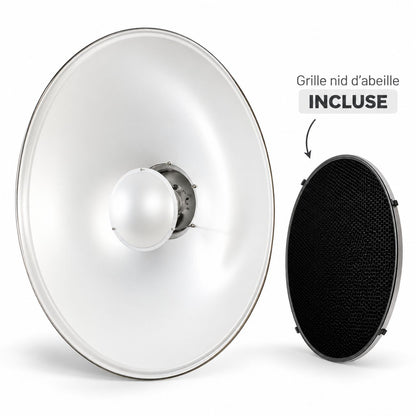 Bol beauté StudioKing SK-BD blanc de 55 cm vu de face, grille nid d'abeille à côté 