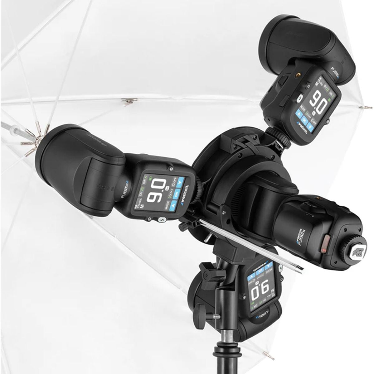 Quatre flashs cobra Westcott montés sur le S-Bracket 2 avec un parapluie