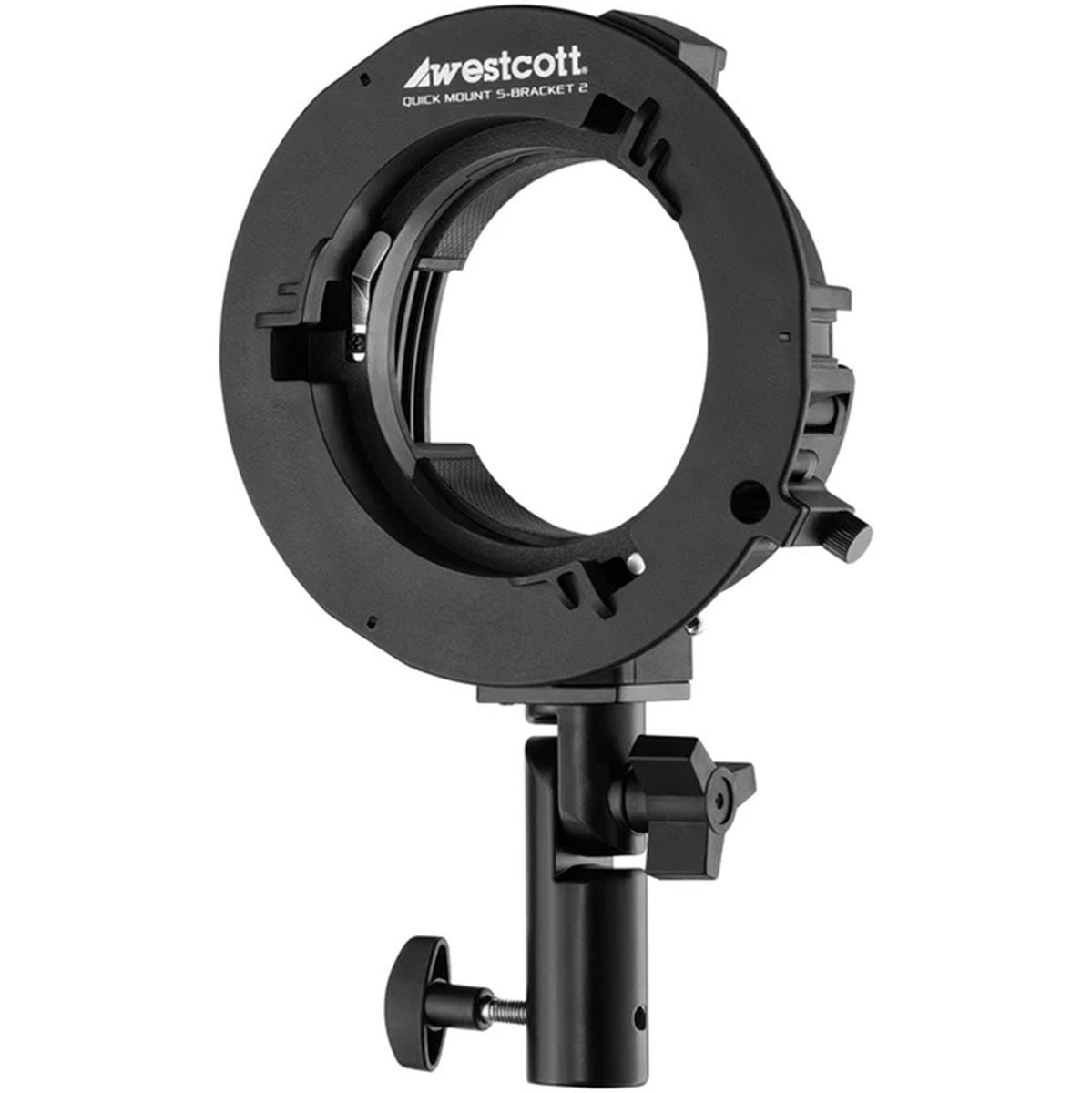 Bracket Westcott Quick Mount S-Bracket 2 Bowens vu de trois quarts avec sa rotule