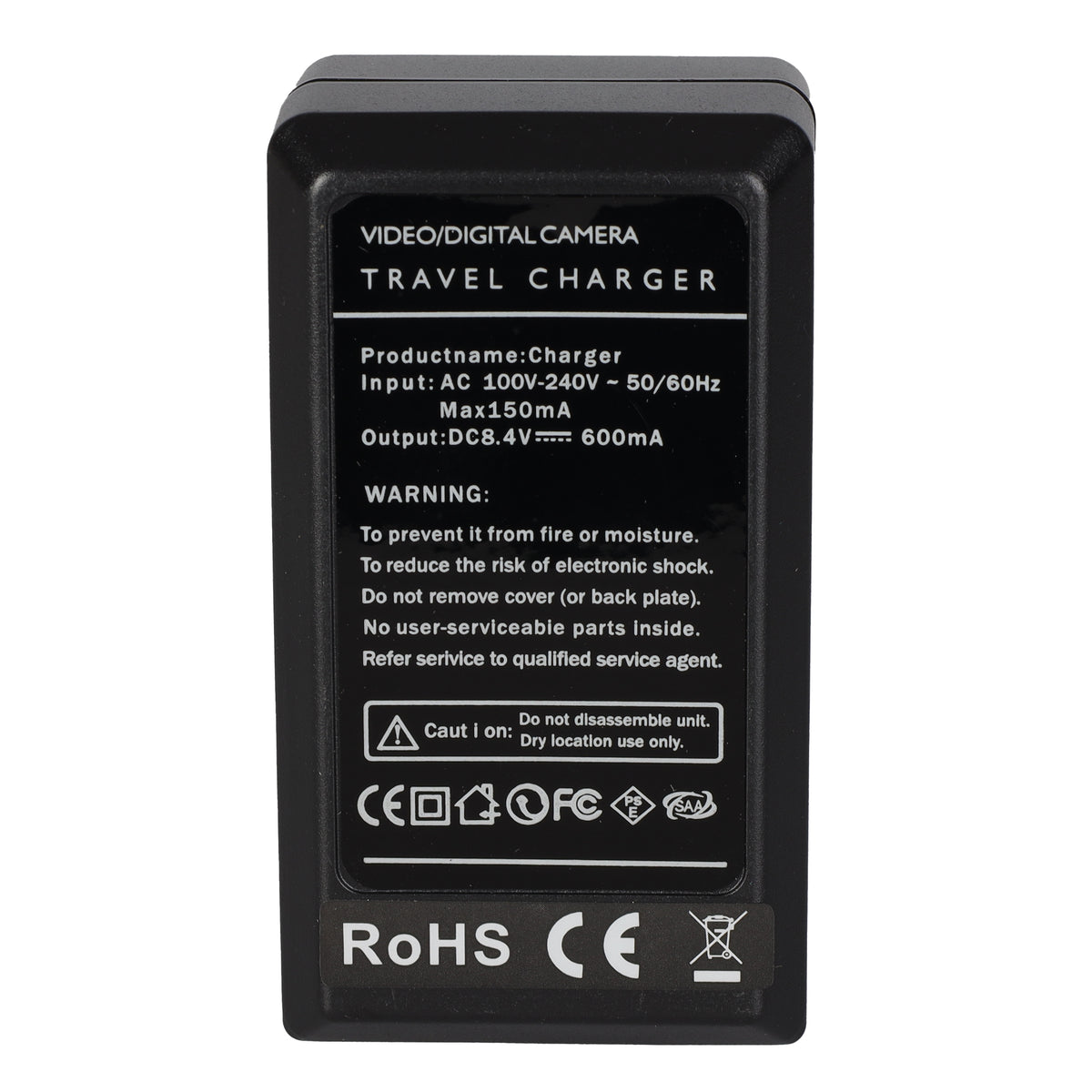 Étiquette du chargeur Falcon Eyes SP-CHG : entrée 100 à 240 V, sortie 8,4 V 600 mA