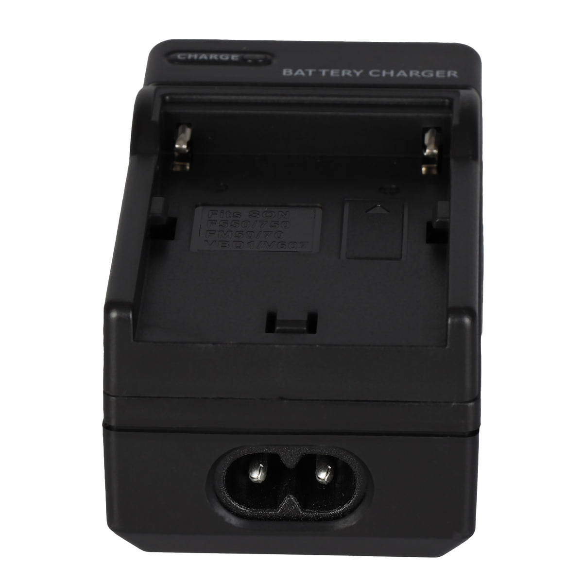 Chargeur Falcon Eyes SP-CHG vu de face, contacts de la batterie et prise du cordon secteur