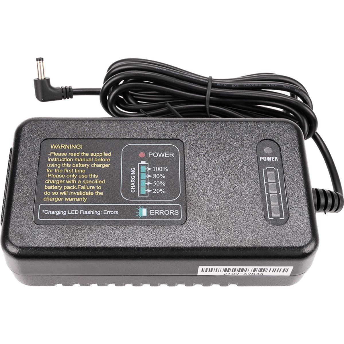 Chargeur Godox C400P de trois quarts, témoins 20 à 100 % et câble enroulé