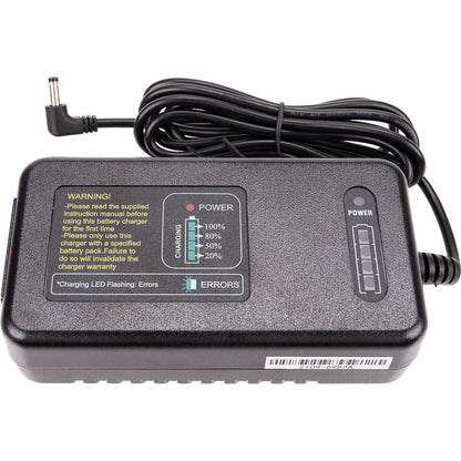 Chargeur Godox C400P de trois quarts, témoins 20 à 100 % et câble enroulé