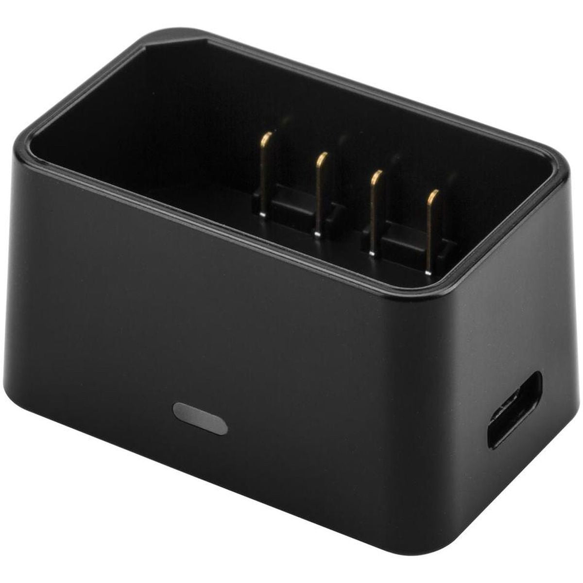 Chargeur USB Godox VC26, socle avec ses quatre broches de contact, son témoin LED et sa prise USB-C