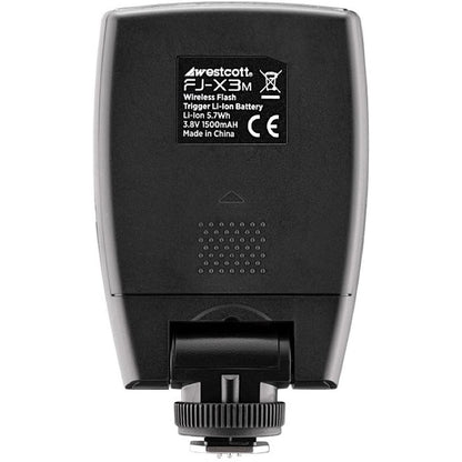 Dos du déclencheur Westcott FJ-X3 M universel, étiquette de la batterie Li-Ion 3,8 V et pied de griffe 