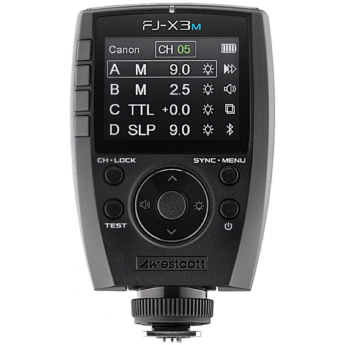 Déclencheur Westcott FJ-X3 M universel vu de face, écran réglé pour Canon avec les groupes A à D 