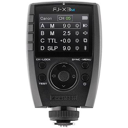 Déclencheur Westcott FJ-X3 M universel vu de face, écran réglé pour Canon avec les groupes A à D 