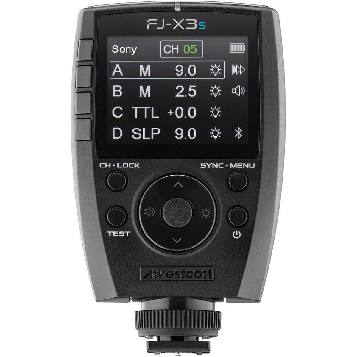 Déclencheur Westcott FJ-X3 S pour Sony vu de face, écran réglé pour Sony avec les groupes A à D 
