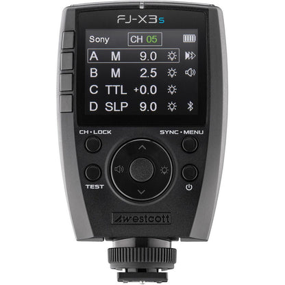 Déclencheur Westcott FJ-X3 S pour Sony vu de face, écran réglé pour Sony avec les groupes A à D 