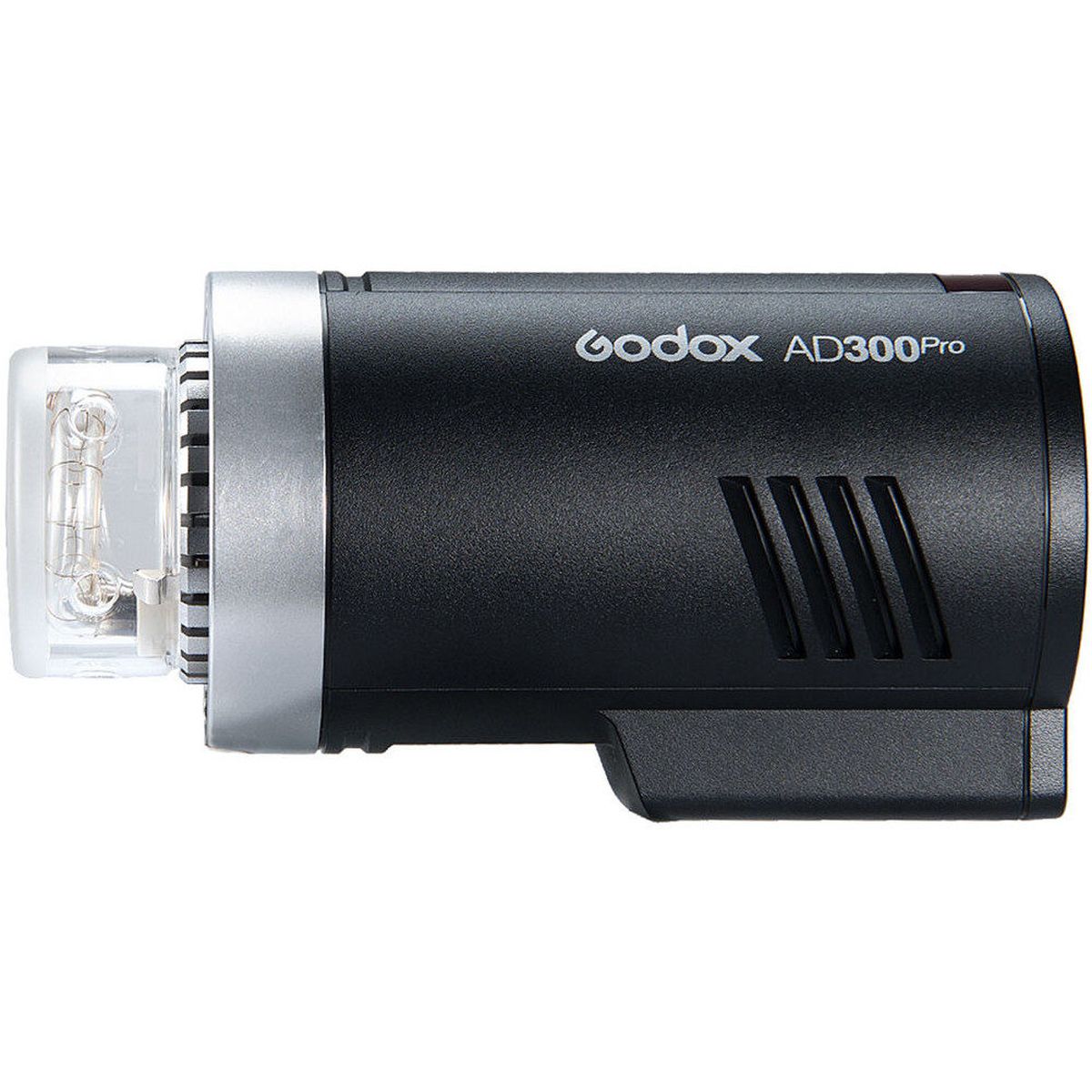 Flash AD300Pro de profil avec son dôme en verre Godox laissant voir le tube