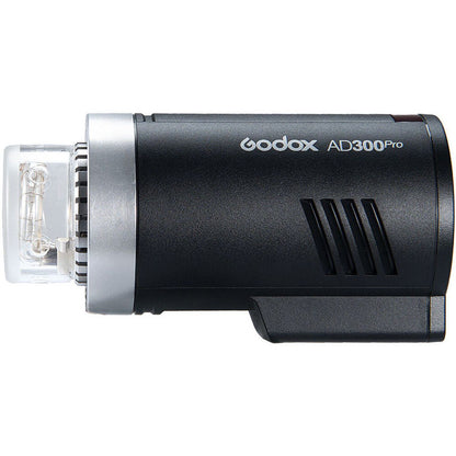 Flash AD300Pro de profil avec son dôme en verre Godox laissant voir le tube