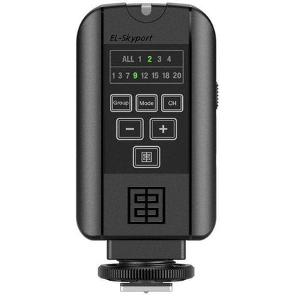Émetteur Elinchrom Skyport Transmitter Plus vu de face, voyants des groupes et des canaux, touches Group, Mode et CH