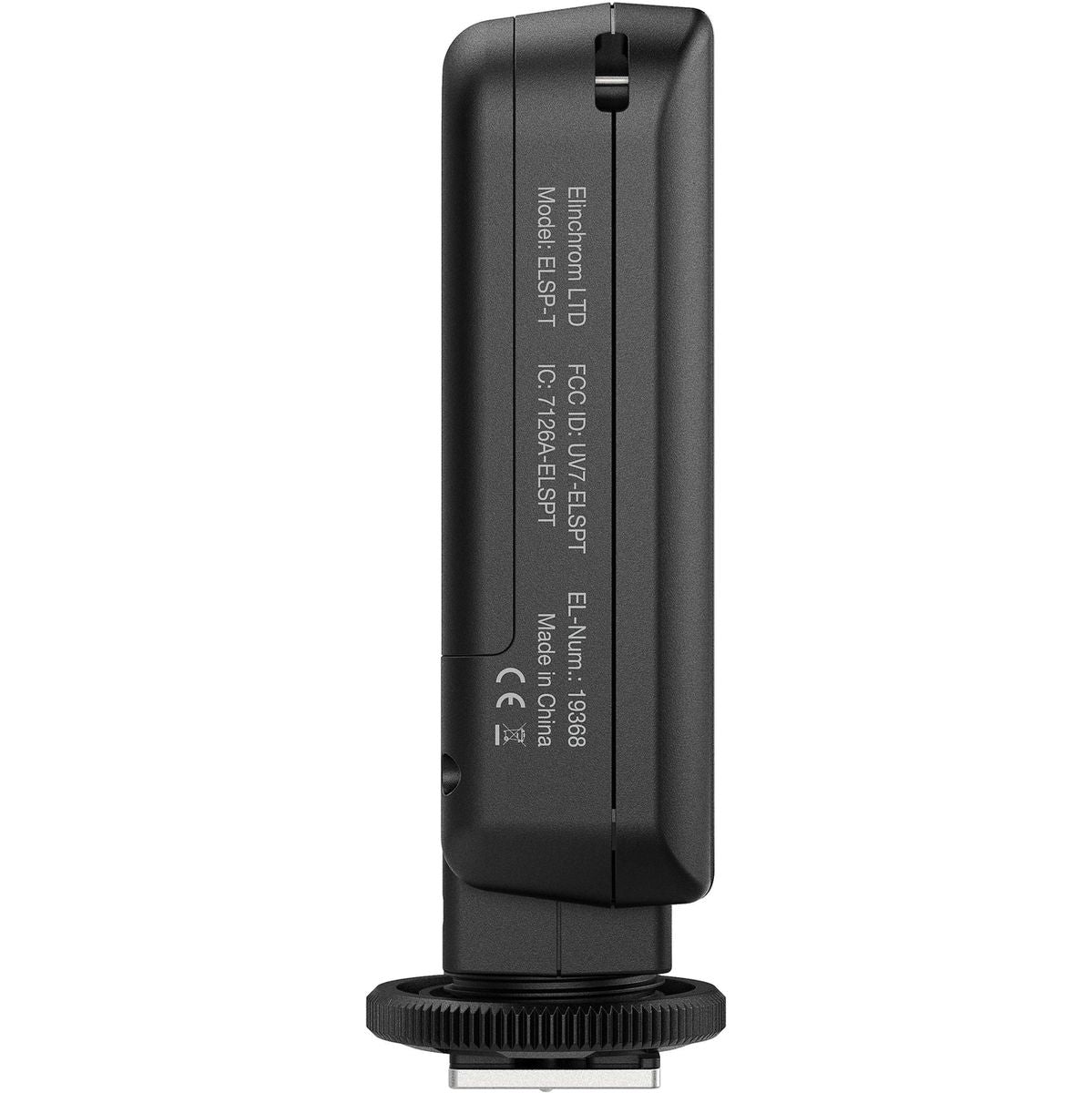 Émetteur Elinchrom Skyport Transmitter Plus vu de profil, étiquette du modèle ELSP-T et sabot à molette