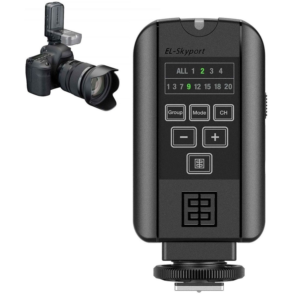 Émetteur Elinchrom Skyport Transmitter Plus de face, avec en incrustation l'émetteur monté sur un reflex