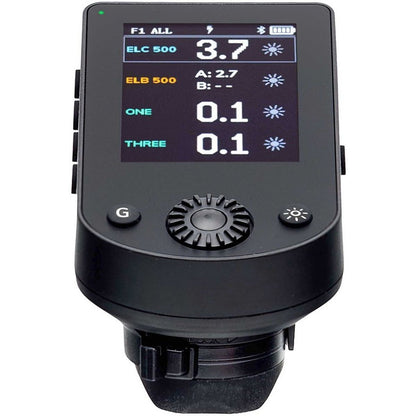 Émetteur Elinchrom Transmitter Pro X vu de face, écran couleur affichant la puissance de quatre flashs Elinchrom