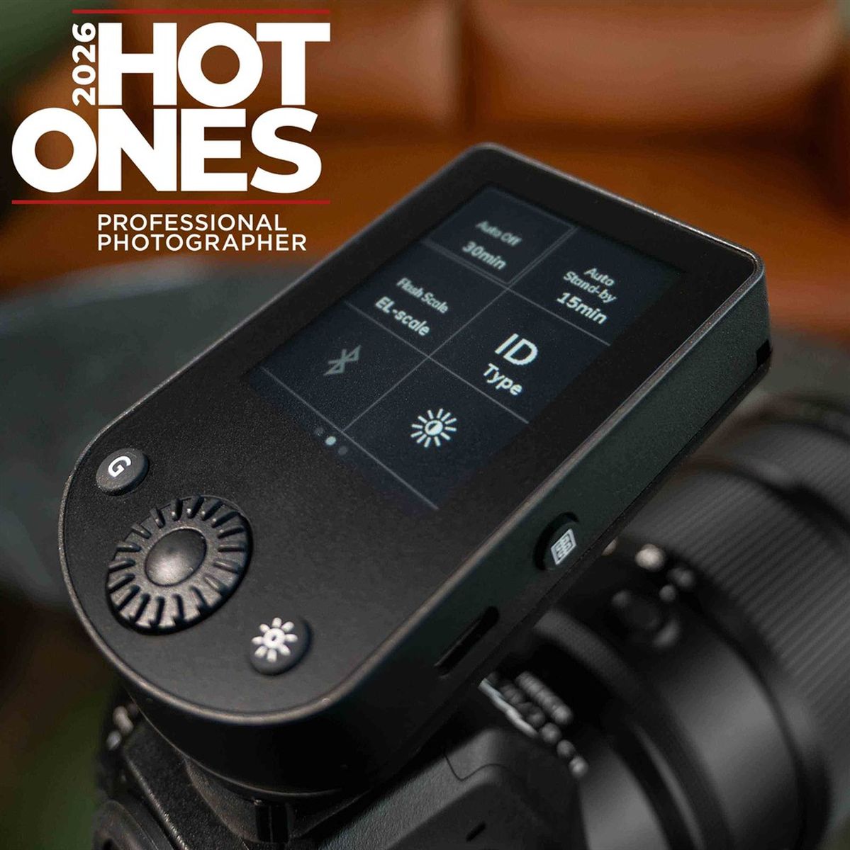 Menu de réglages tactile de l'émetteur Elinchrom Transmitter Pro X, logo Hot Ones 2026 Professional Photographer