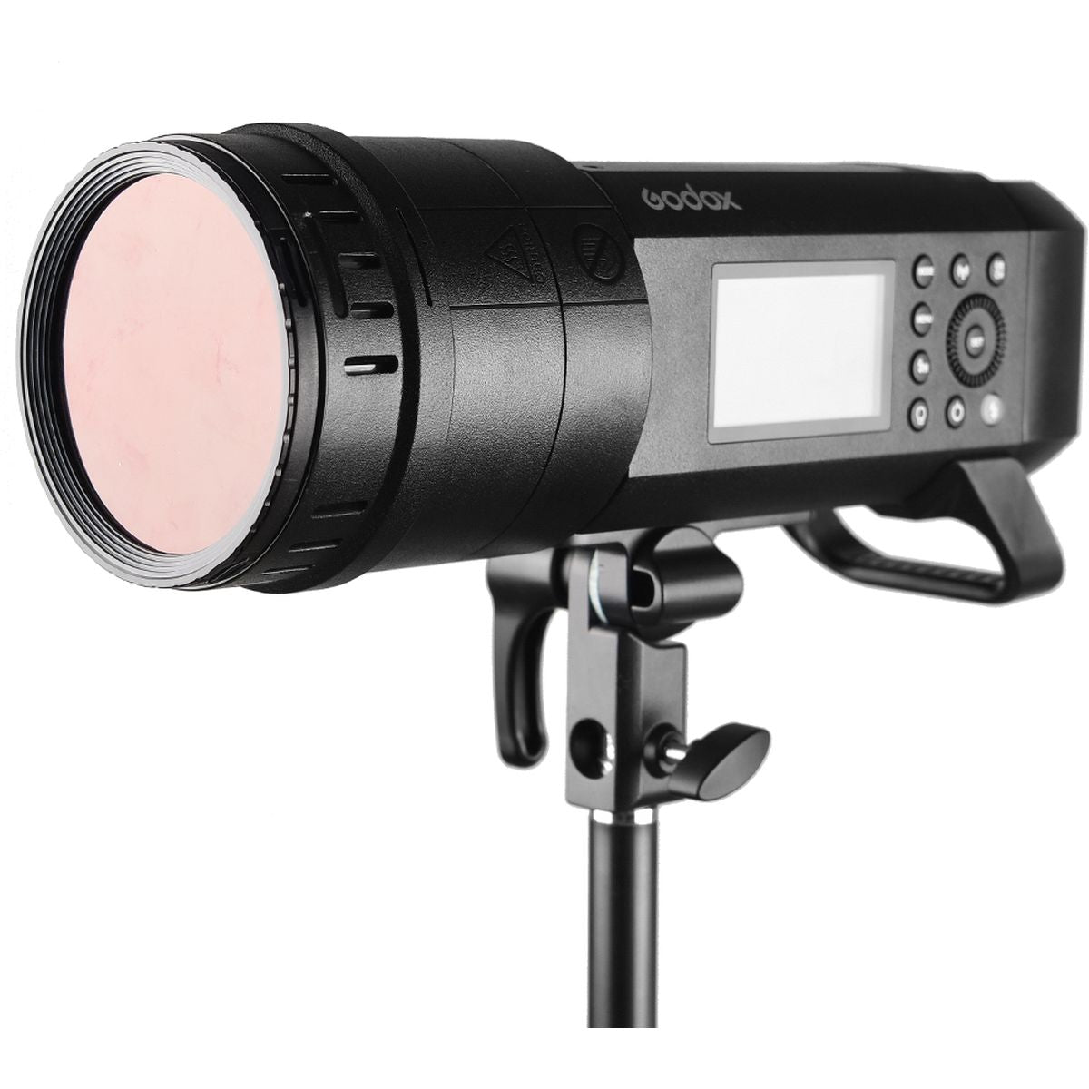 Flash Godox AD400Pro sur pied avec un filtre du kit BD-08 monté à l'avant