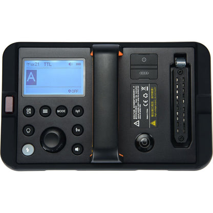 Panneau supérieur du générateur Godox AD1200Pro avec écran en mode TTL, commandes et prise de tête