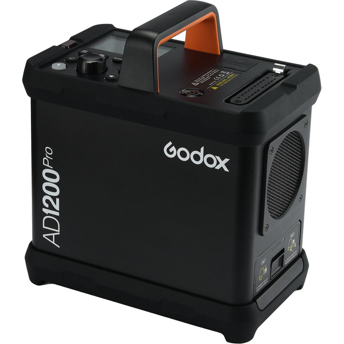 Générateur du flash portable Godox AD1200Pro de trois quarts avec poignée orange