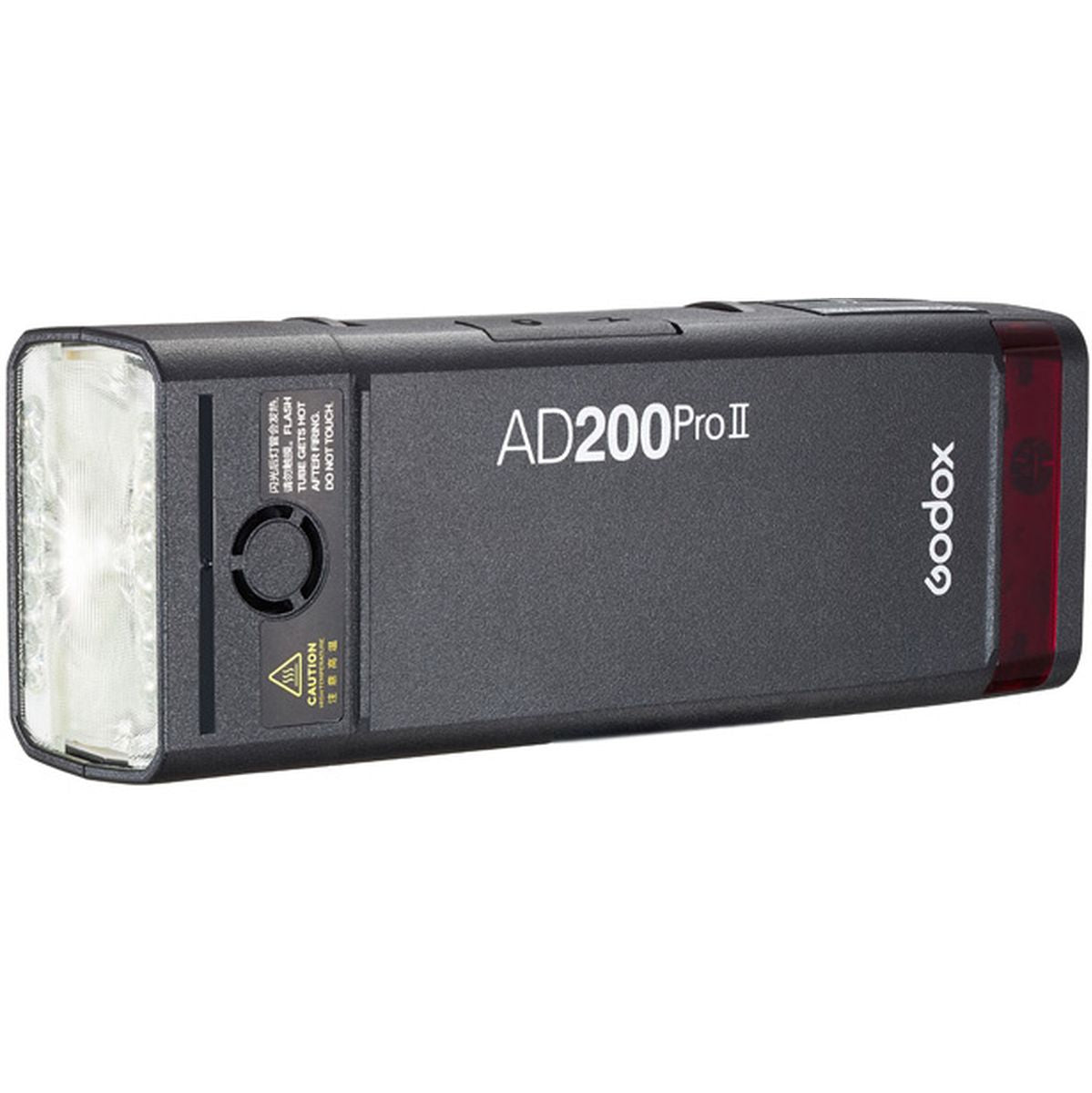 Flash portable Godox AD200Pro II de trois quarts avec la tête speedlite H200 II montée
