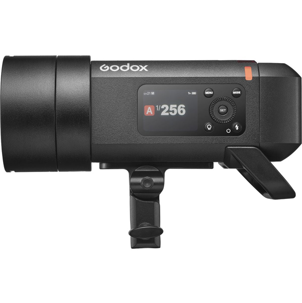 Flash portable Godox AD400Pro II de profil avec réflecteur monté et écran couleur