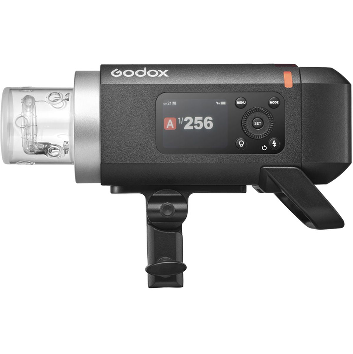 Flash portable Godox AD400Pro II de profil avec tube éclair nu et poignée