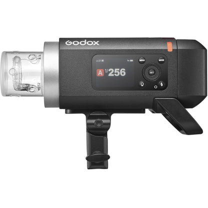 Flash portable Godox AD400Pro II de profil avec tube éclair nu et poignée