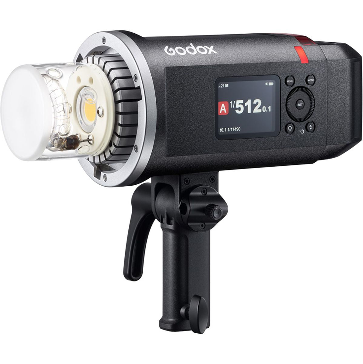 Flash portable Godox AD600BM II avec tube éclair sous un dôme translucide, écran et poignée