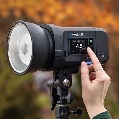 Réglage de la puissance sur l'écran tactile du flash Westcott FJ250 en extérieur