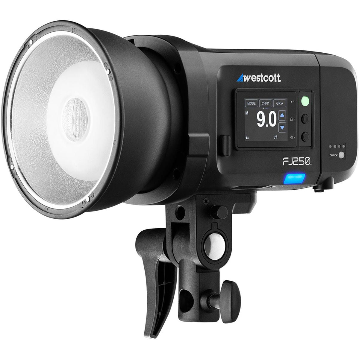 Flash portable Westcott FJ250 vu de trois quarts avec réflecteur et écran tactile