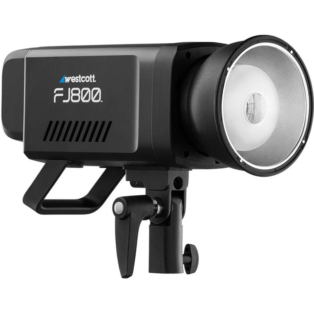 Flash portable Westcott FJ800 vu de profil droit avec poignée et rotule