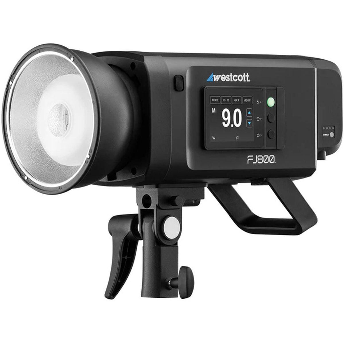 Flash portable Westcott FJ800 vu de trois quarts avec poignée, réflecteur et écran tactile