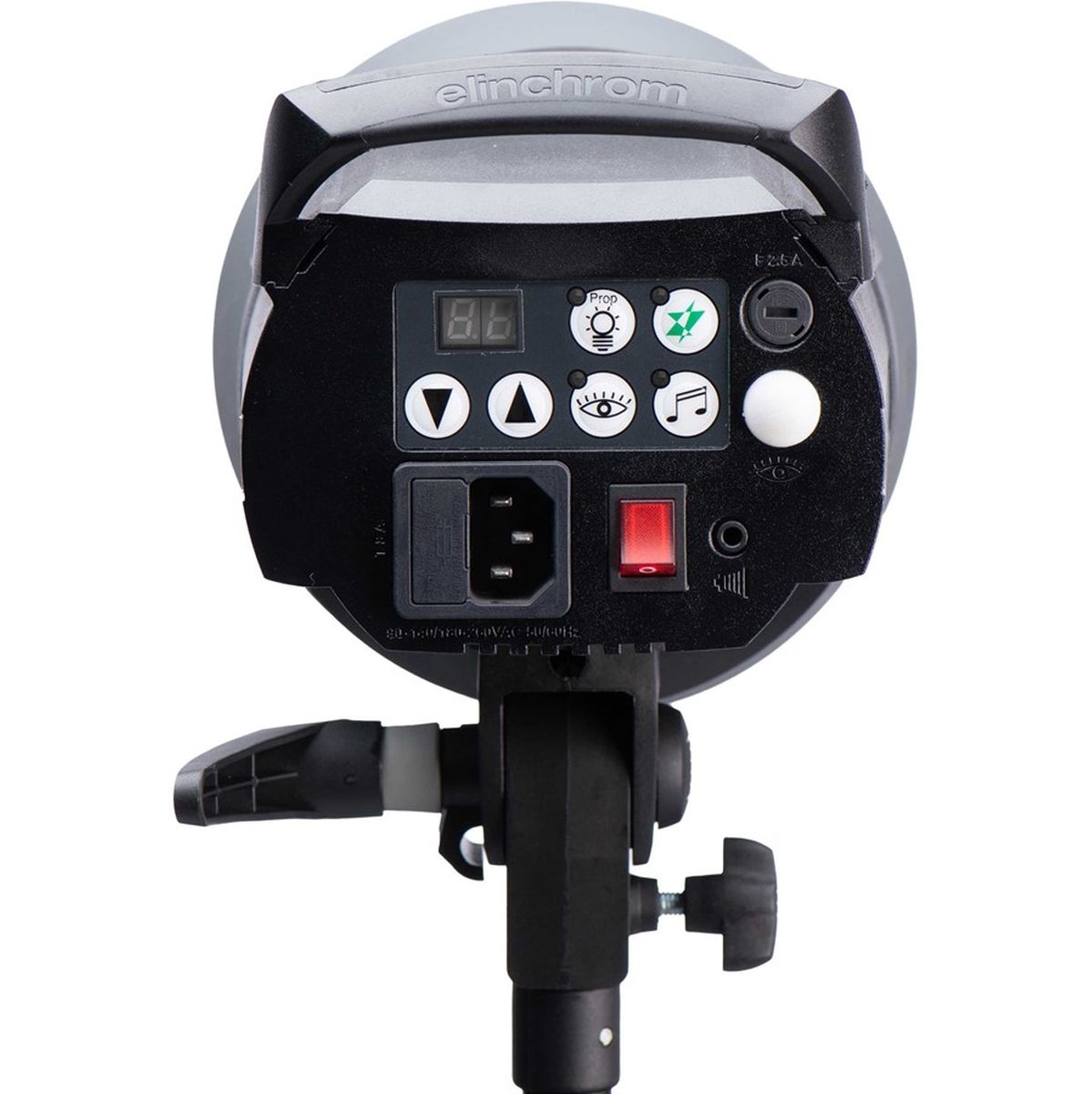 Panneau arrière du flash studio Elinchrom D-Lite RX 4 sur pied, prise secteur, interrupteur rouge et prise synchro