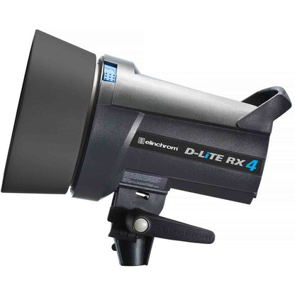 Flash studio Elinchrom D-Lite RX 4 de profil sur fond blanc, réflecteur gris monté et poignée arrière