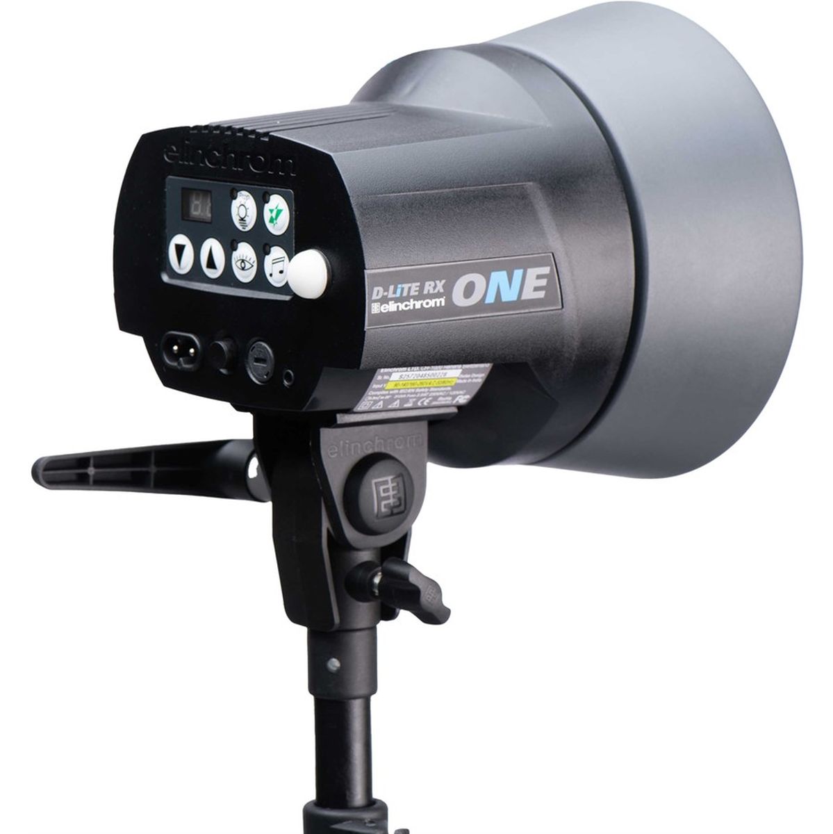 Flash studio Elinchrom D-Lite RX ONE de trois quarts arrière avec réflecteur gris, sur son étrier inclinable