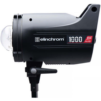 Flash studio Elinchrom ELC Pro HD 1000 de profil sur pied, sans réflecteur, dôme en verre visible à l'avant