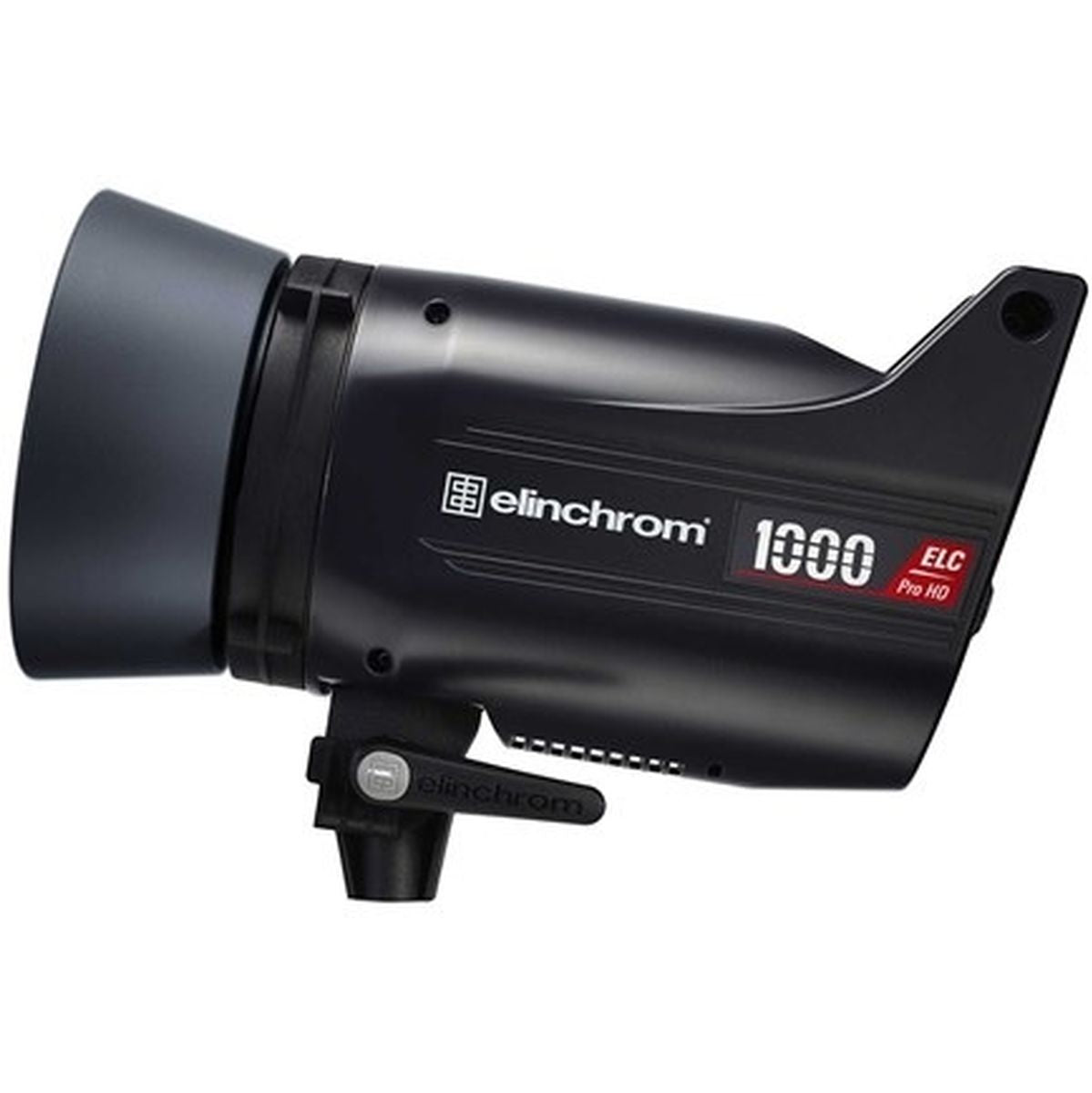Flash studio Elinchrom ELC Pro HD 1000 de profil, réflecteur gris monté et logo 1000 ELC Pro HD