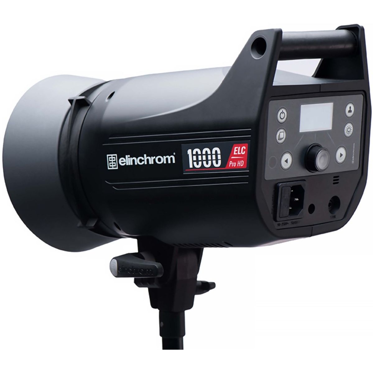Flash studio Elinchrom ELC Pro HD 1000 de trois quarts arrière sur pied, écran, molette et prise secteur